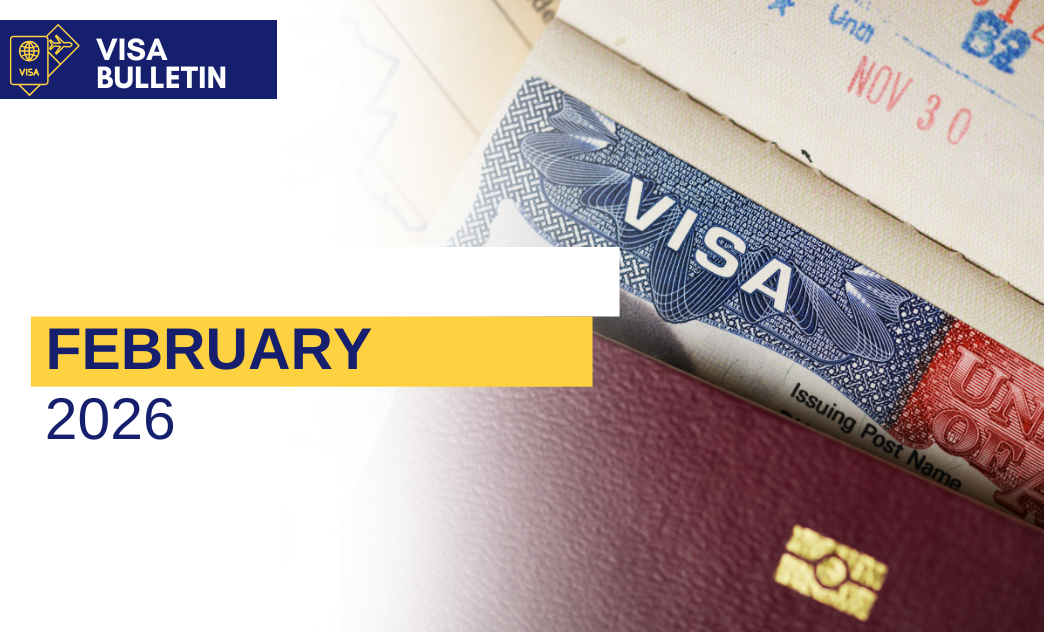 Close-up of a visa document and passport with a visa bulletin overlay for February 2026.