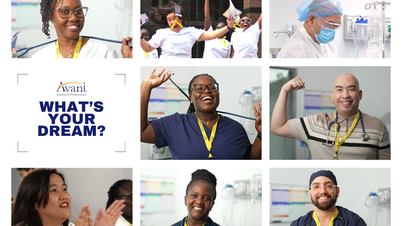 Group of diverse healthcare professionals celebrating and smiling, with a central message asking "What’s your dream?"