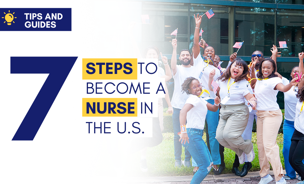 Group of diverse nurses celebrating outdoors with American flags, promoting steps to become a nurse in the U.S.