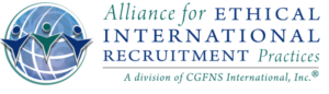 A logo featuring three stylized human figures in front of a globe, representing global ethical recruitment practices.