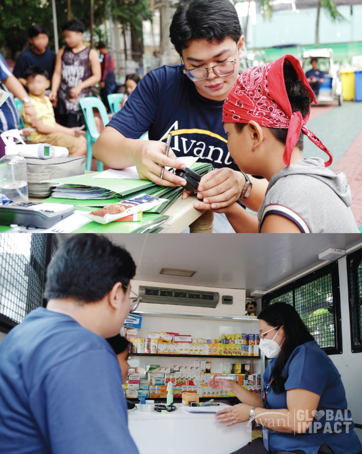 A healthcare worker in a mask consults with two patients inside a mobile clinic, surrounded by shelves of medicines and