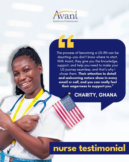 A smiling nurse in uniform holds a small American flag, with a speech bubble highlighting the importance of attention to