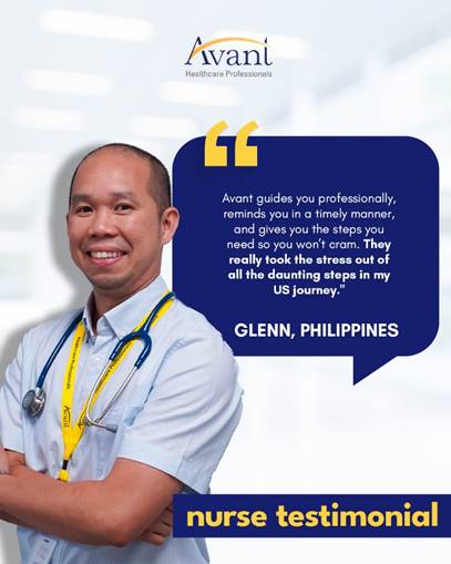 A smiling male nurse in a white coat with a stethoscope, sharing a testimonial about Avani Healthcare Professionals.