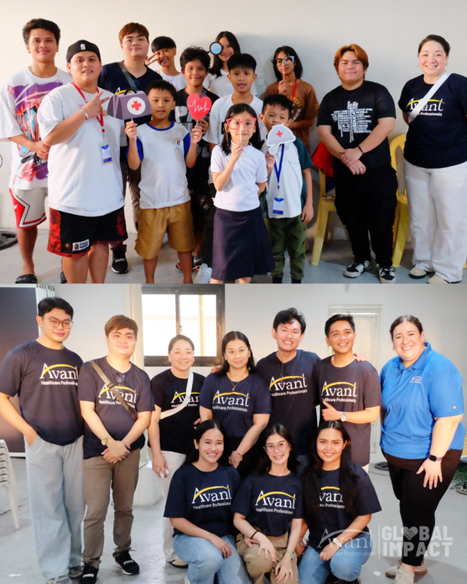 A diverse group of children and young adults, some holding medical props, pose together indoors for a group photo.