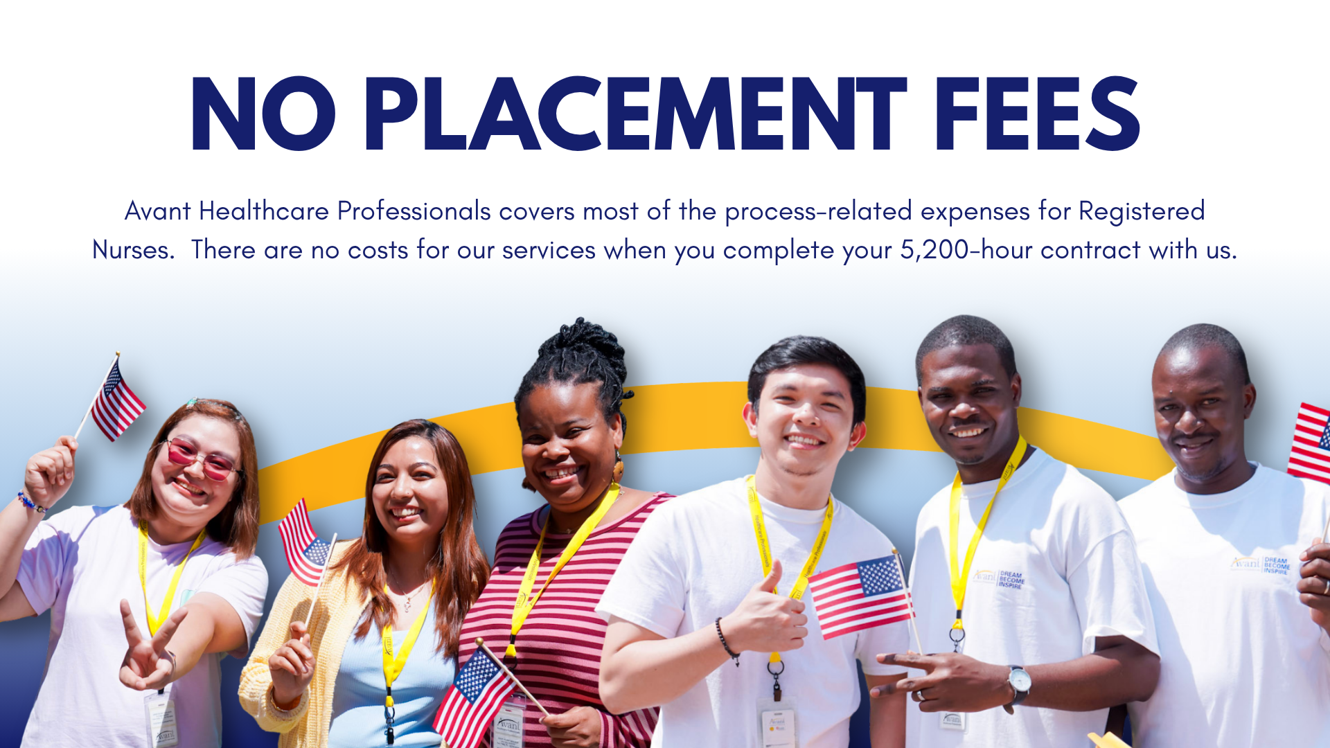 Group of diverse smiling people holding American flags at an outdoor event, wearing white shirts and yellow lanyards.
