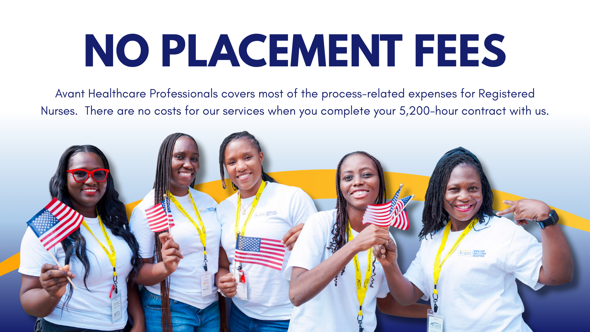 Five women smiling and holding American flags, wearing white shirts and yellow lanyards, in front of a blue background with