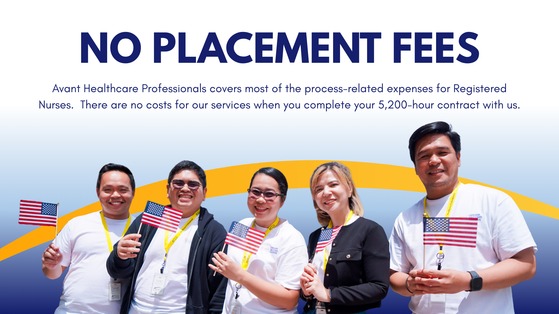 Group of diverse smiling people holding American flags at a patriotic event with a "No Placement Fees" sign in the