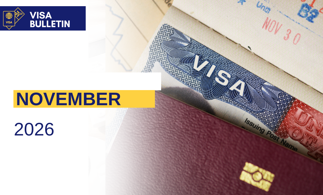 Close-up of a visa document and passport with a "November" label for the 2026 visa bulletin.