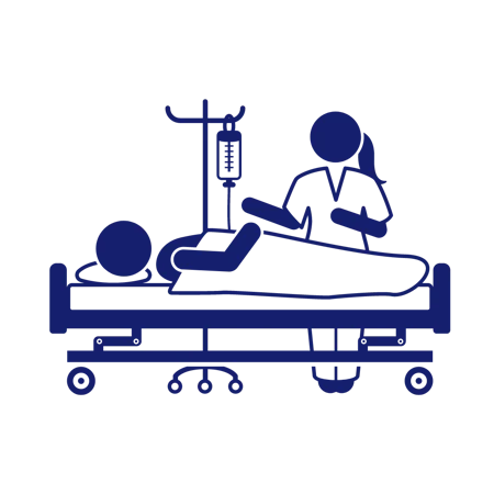 A registered nurse attends to a patient lying in a hospital bed with an IV stand nearby.