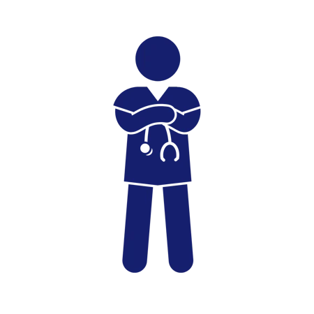 A blue silhouette of a registered nurse wearing scrubs and a stethoscope, standing with arms crossed.