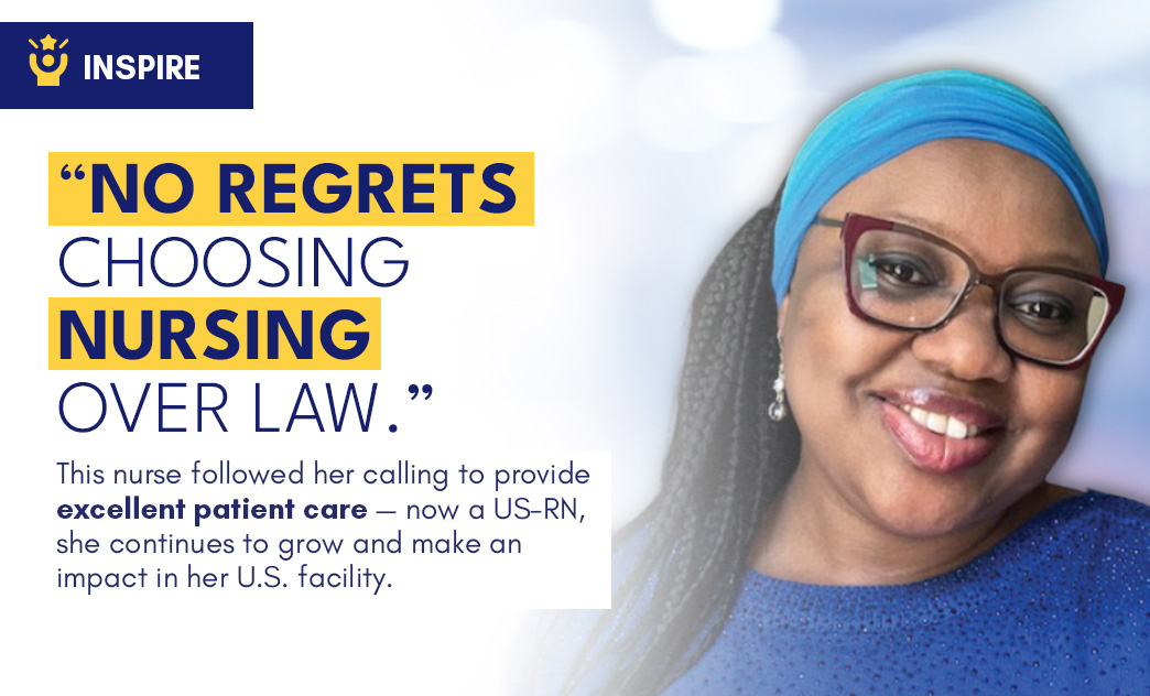 A smiling nurse wearing glasses and a blue headscarf, highlighting her dedication to patient care and professional growth.