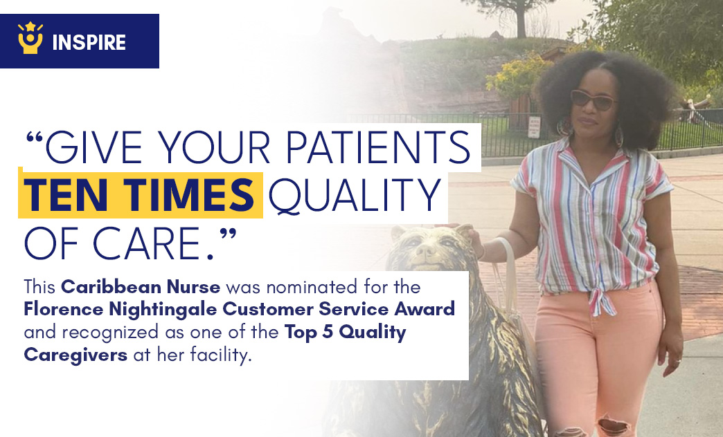 A Caribbean nurse with curly hair, sunglasses, and colorful striped shirt standing outdoors next to a lion statue.