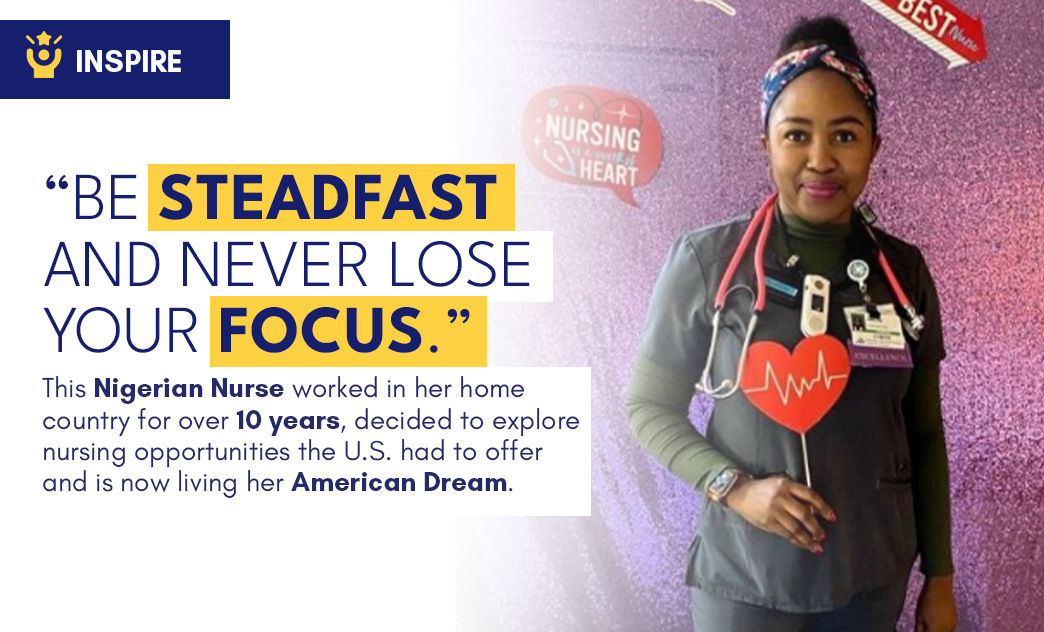 A Nigerian nurse in scrubs with a stethoscope and a heart-shaped badge, standing against a pink background.