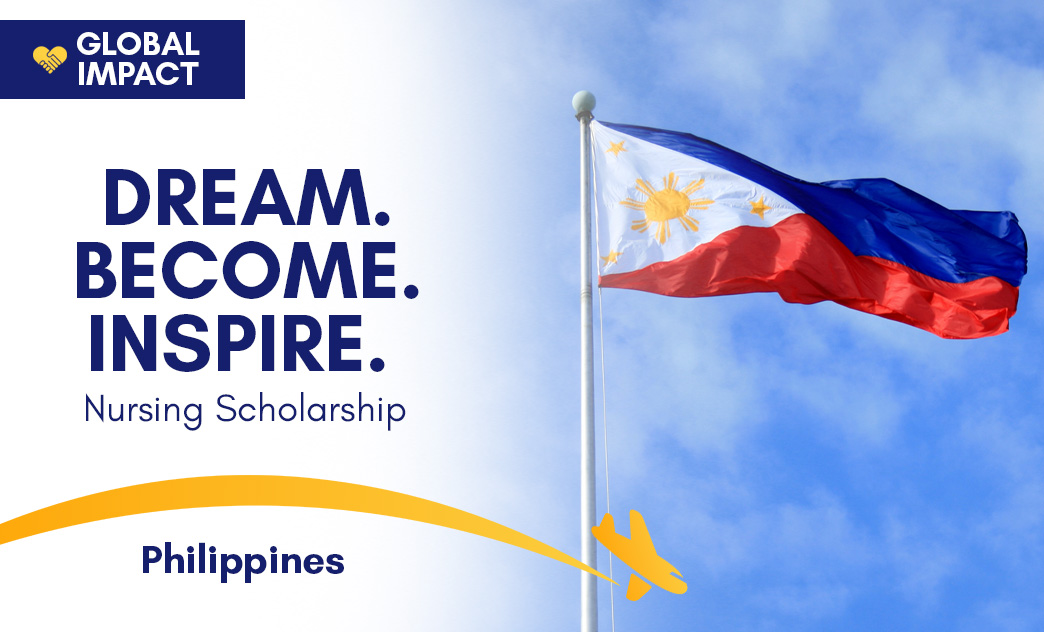 A Philippine flag waving against a blue sky with clouds, promoting a nursing scholarship with the words "Dream. Become.