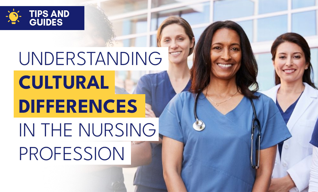 Four diverse nurses in scrubs and lab coats stand smiling outside a modern building.