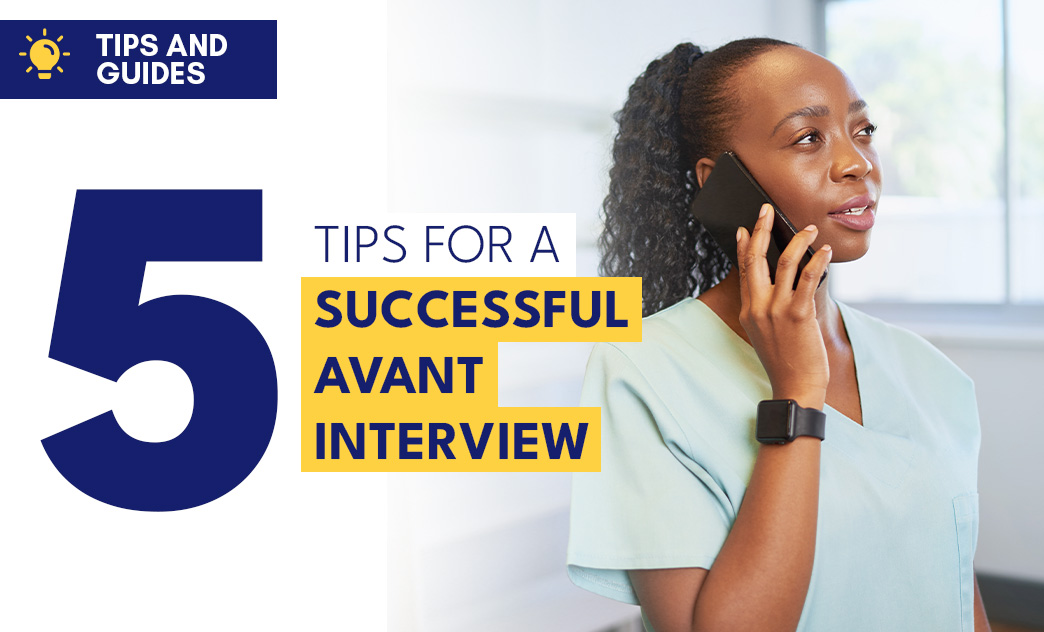 A woman in medical scrubs talks on a phone, wearing a smartwatch, with a bright, modern background.