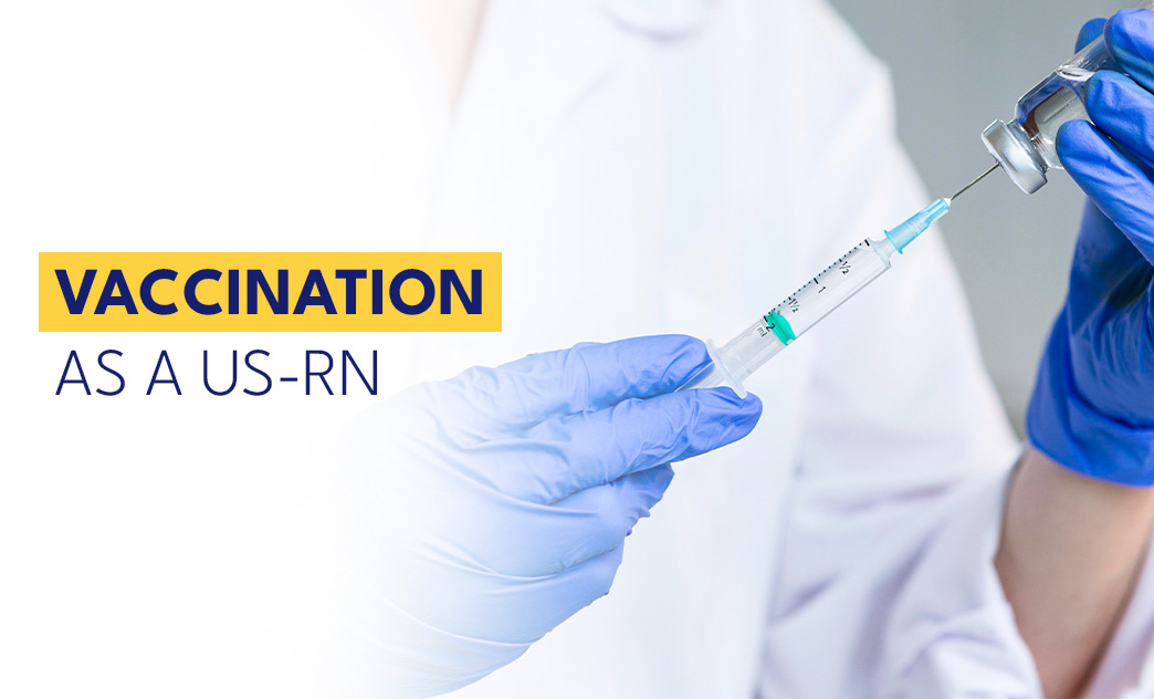 A healthcare professional in blue gloves prepares a syringe for vaccination against a white background.
