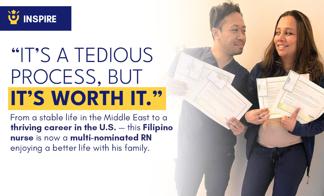 A Filipino nurse and a man hold multiple certification papers, celebrating career success and a better life.