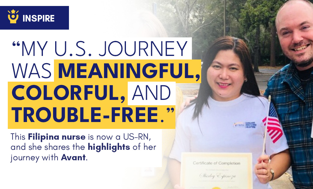A Filipino nurse holding a certificate of completion, smiling alongside a man outdoors.