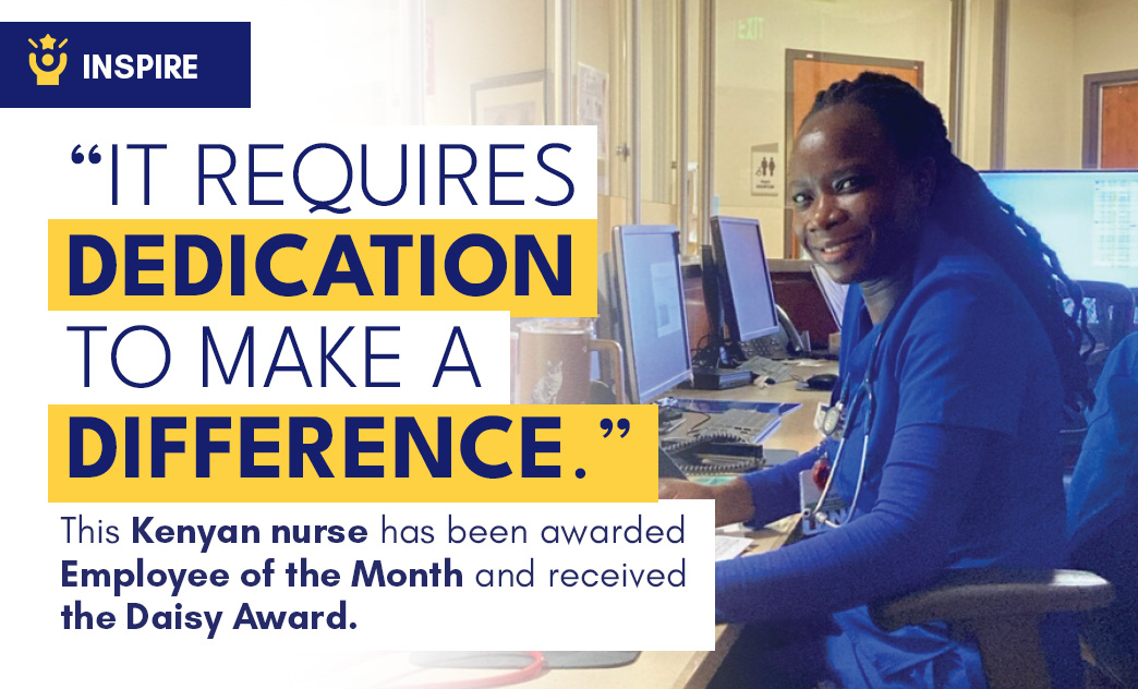 A smiling Kenyan nurse working at a computer in a hospital office, recognized as Employee of the Month with the Daisy Award.