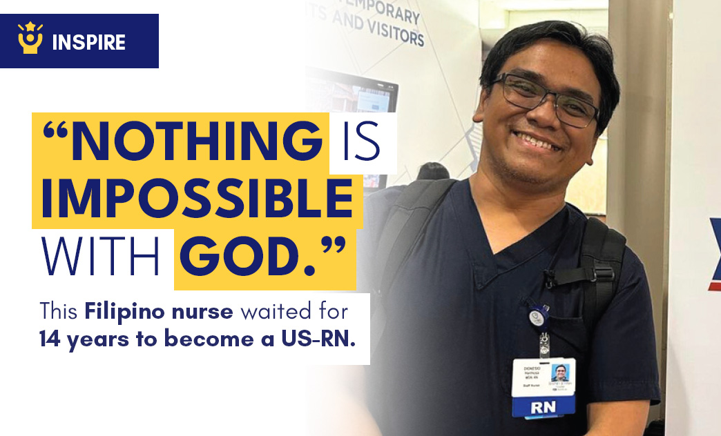 A Filipino nurse with glasses, a badge, and a backpack smiling at an airport or hospital setting.