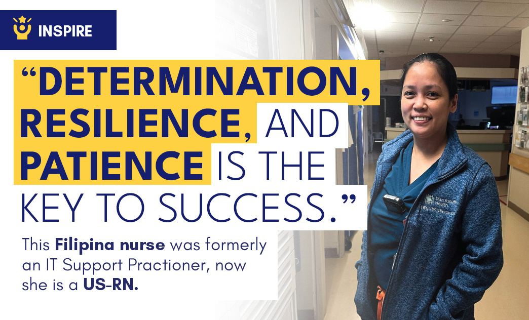 A Filipino nurse in scrubs and a jacket stands in a hospital corridor, smiling at the camera.