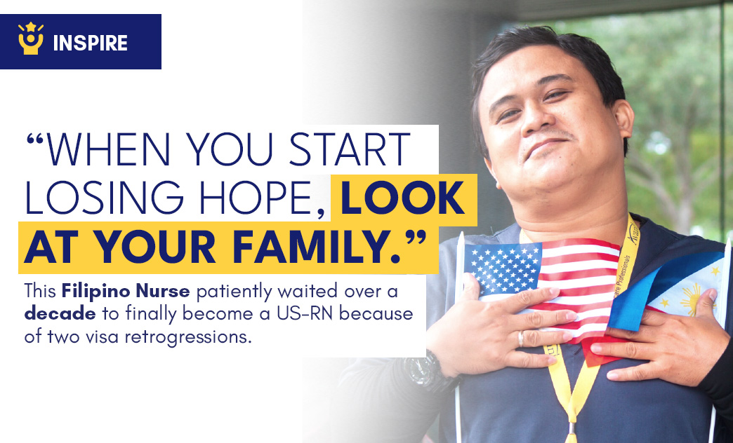 A Filipino nurse proudly holds an American flag close to her chest, wearing a medal and smiling confidently.