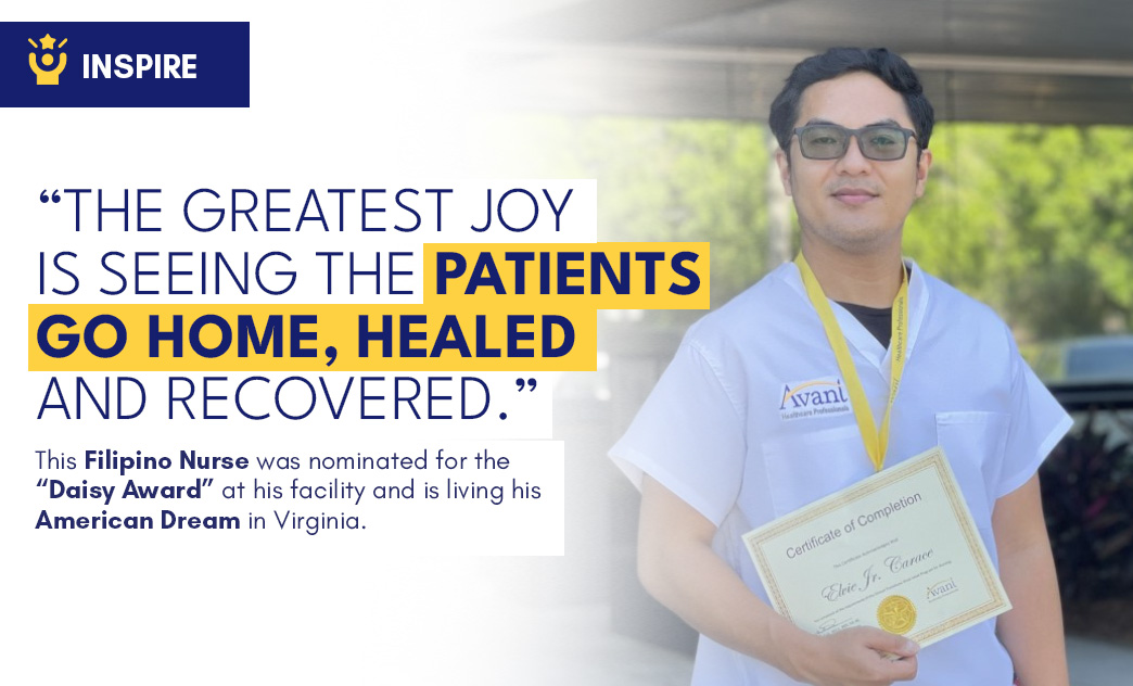 A Filipino nurse in scrubs holding a certificate of completion, smiling outdoors with a background of trees and a building.