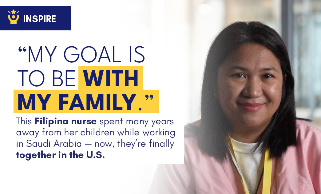 A Filipino nurse with dark hair and a pink uniform smiles in a well-lit room, promoting family togetherness.